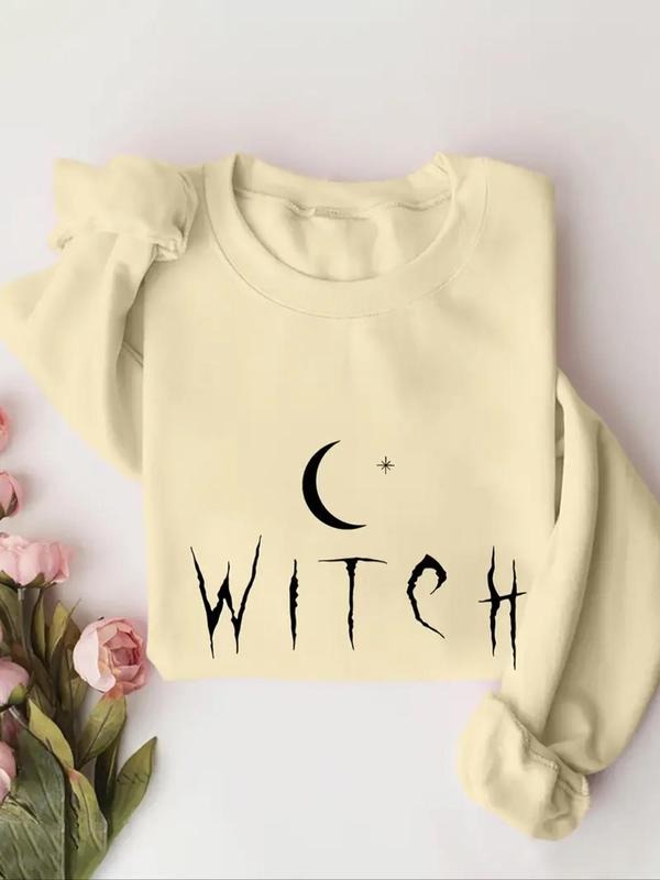 Women's Letter & Moon Print Pullover, Casual Long Sleeve Crew Neck Sweatshirt for Fall & Winter, Women's Clothes for...