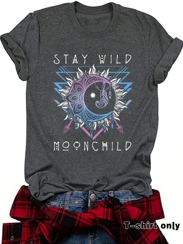 Women's Letter & Moon Print Round Neck Tee, Casual Short Sleeve Crew Neck T-shirt for Summer, Fashion Women's Top for...