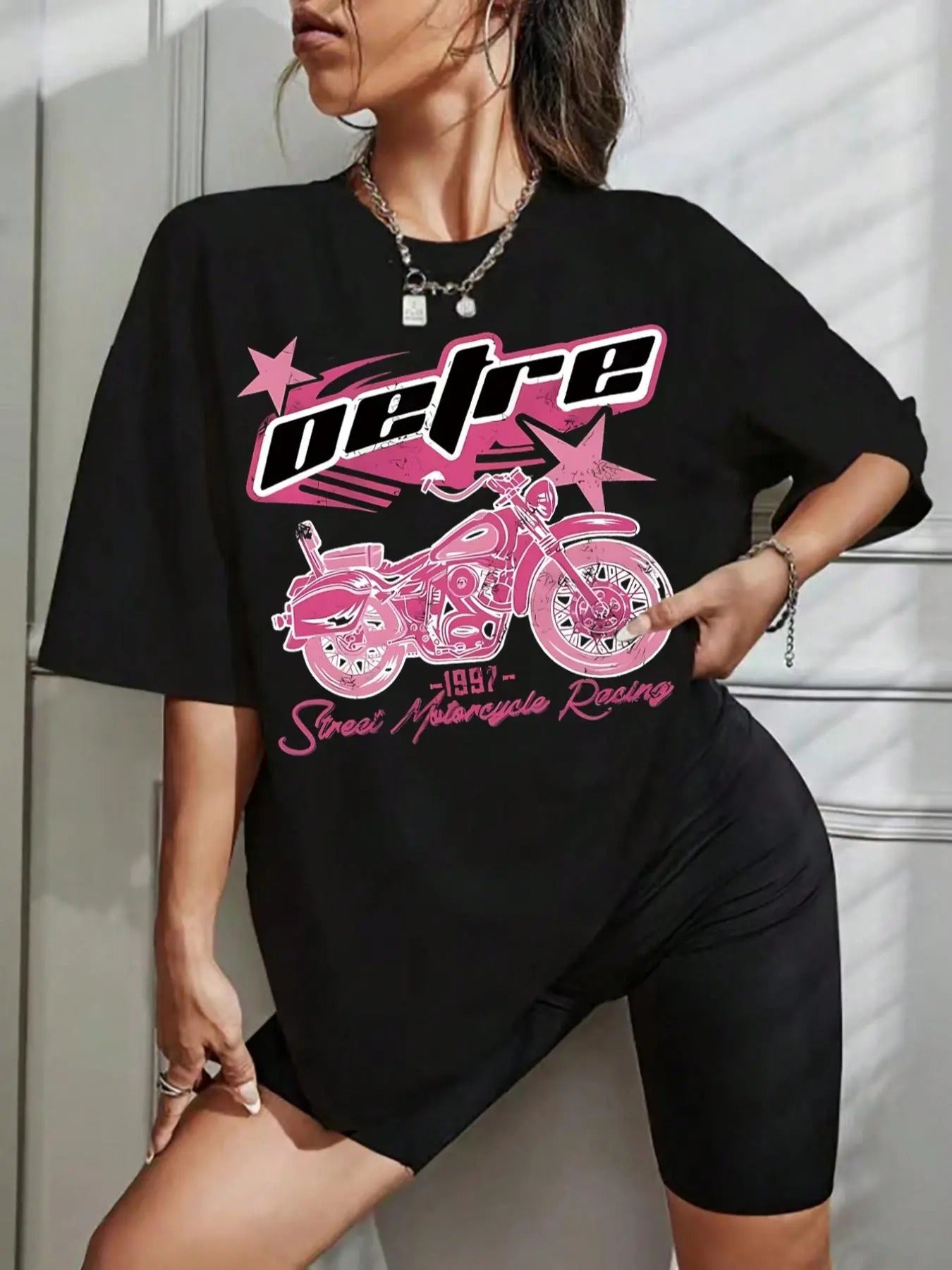 Women's Letter & Motorcycle Print Drop Shoulder Tee, Casual Half Sleeve Round Neck T-Shirt for Summer, Women's Top for...