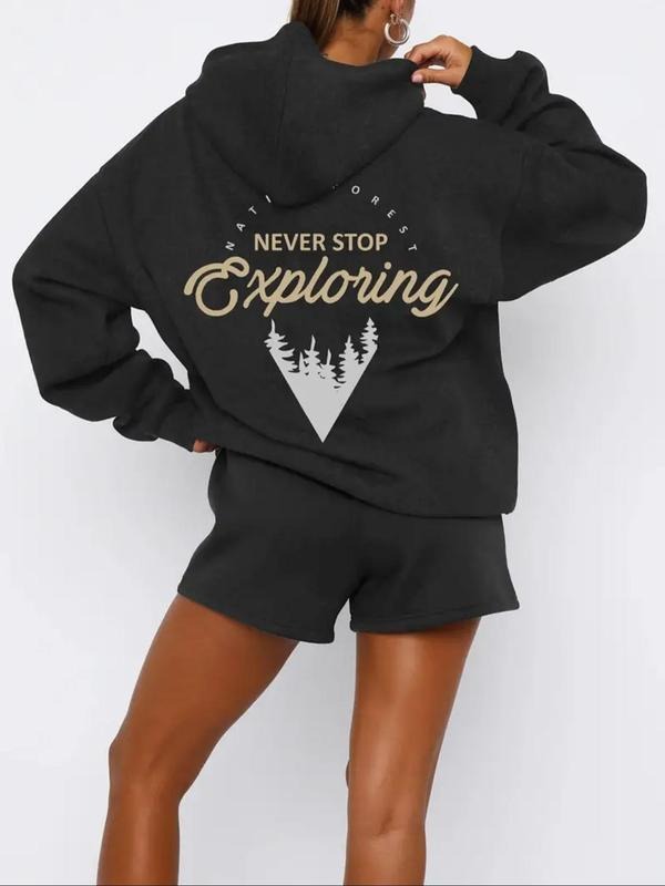 Women's Letter & Mountain Print Drop Shoulder Hoodie, Casual Drawstring Pocket Hooded Sweatshirt for Fall & Winter,...
