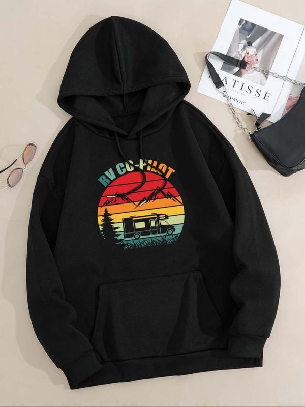 Women's Letter & Mountain Print Drop Shoulder Hoodie, Fashion Casual Drawstring Pocket Hooded Sweatshirt for Daily...