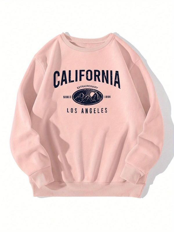 Women's Letter & Mountain Print Drop Shoulder Sweatshirt, Casual Long Sleeve Round Neck Pullover for Fall & Winter,...
