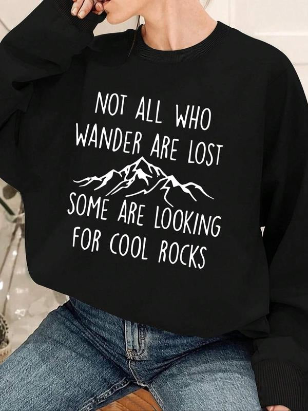 Women's Letter & Mountain Print Drop Shoulder Sweatshirt, Casual Long Sleeve Round Neck Pullover for Fall & Winter,...