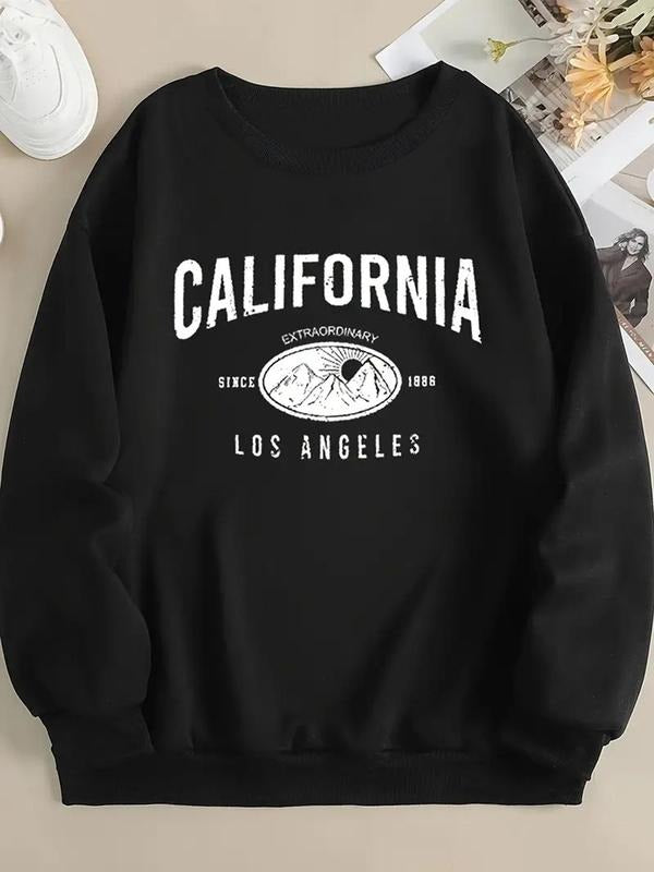 Women's Letter & Mountain Print Drop Shoulder Sweatshirt, Casual Long Sleeve Round Neck Pullover for Fall & Winter,...
