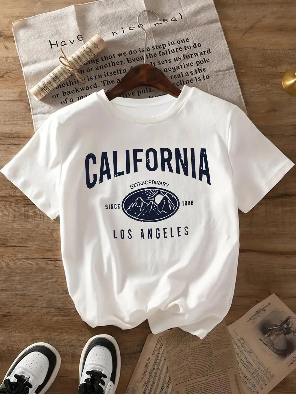 Women's Letter & Mountain Print Round Neck Graphic Tee, Vintage Trendy Casual Short Sleeve T-shirt for Daily Wear, Ladies...