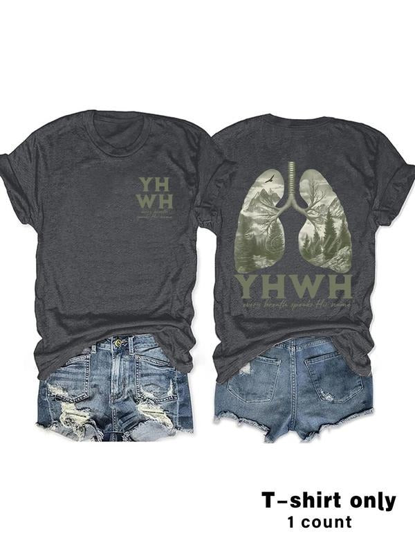 Women's Letter & Mountain Print Round Neck Tee, Casual Short Sleeve Crew Neck T-shirt for Summer, Fashion Women's Top for...