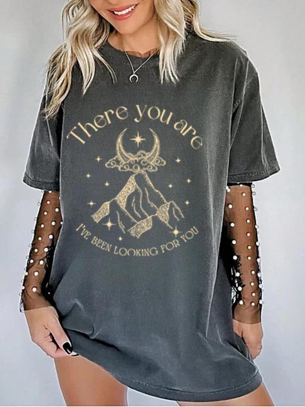 Women's Letter & Mountain Print Round Neck Tee, Vintage Trendy Casual Short Sleeve T-shirt for Daily Wear, Ladies Summer...