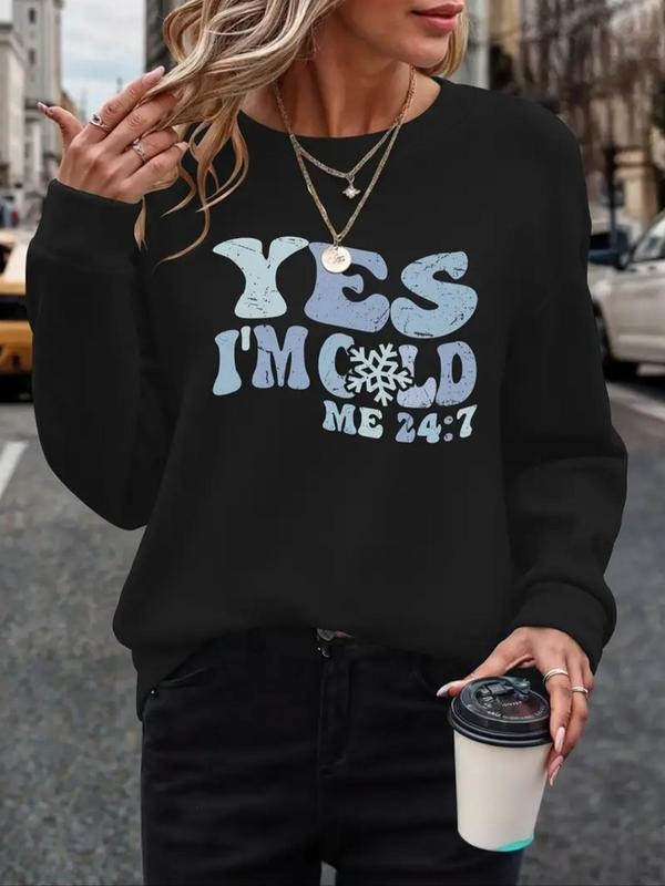Women's Letter & Number & Snowflakes Print Round Neck Sweatshirt, Casual Long Sleeve Crew Neck Pullover for Fall &...