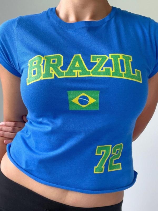 Women's Letter & Number "72" Print Crop Tee, Casual Short Sleeve Round Neck T-shirt, Ladies Summer Outfit for Daily Wear...