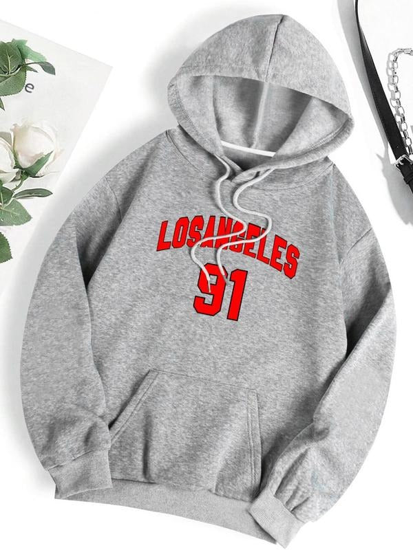 Women's Letter & Number Print Drop Shoulder Hoodie, Fashion Casual Drawstring Pocket Hooded Sweatshirt for Daily Holiday...