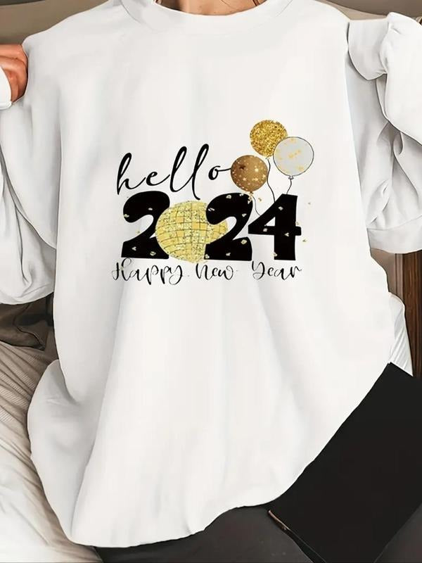 Women's Letter & Number Print Drop Shoulder Sweatshirt, 2024 New Style Casual Long Sleeve Round Neck Pullover for Fall &...