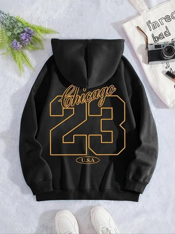 Women's Letter & Number Print Drop Shoulder Thermal Lined Hoodie, Fashion Casual Drawstring Pocket Hooded Sweatshirt for...