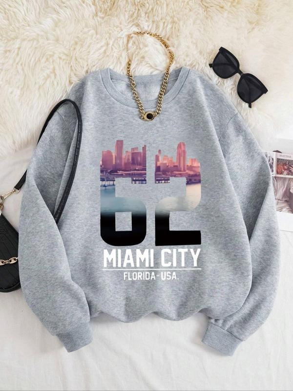 Women's Letter & Number Print Thermal Lined Sweatshirt, Casual Long Sleeve Round Neck Pullover for Fall & Winter, Ladies...