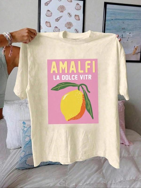 Women's Letter & Orange Print Round Neck Tee, Vintage Trendy Casual Short Sleeve T-shirt for Daily Wear, Ladies Summer...