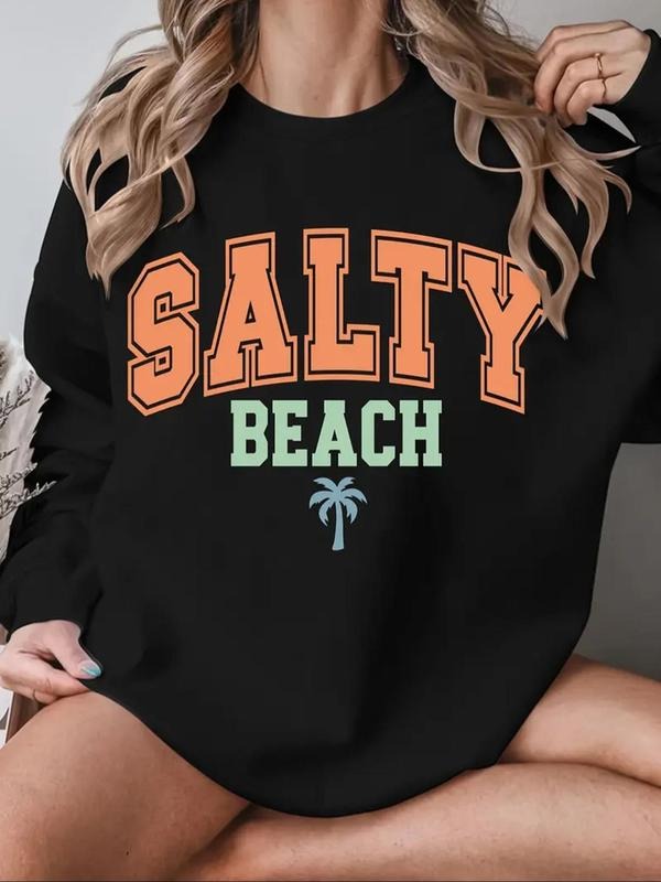 Women's Letter & Palm Tree Print Crew Neck Sweatshirt, 1 Count Casual Long Sleeve Pullover for Fall & Winter, Women's...