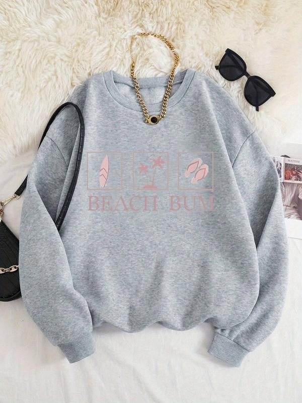 Women's Letter & Palm Tree Print Drop Shoulder Sweatshirt, Casual Long Sleeve Round Neck Pullover for Fall & Winter,...