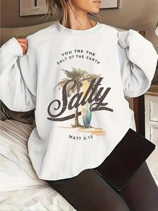 Women's Letter & Palm Tree Print Drop Shoulder Sweatshirt, Casual Long Sleeve Round Neck Pullover for Fall & Winter,...