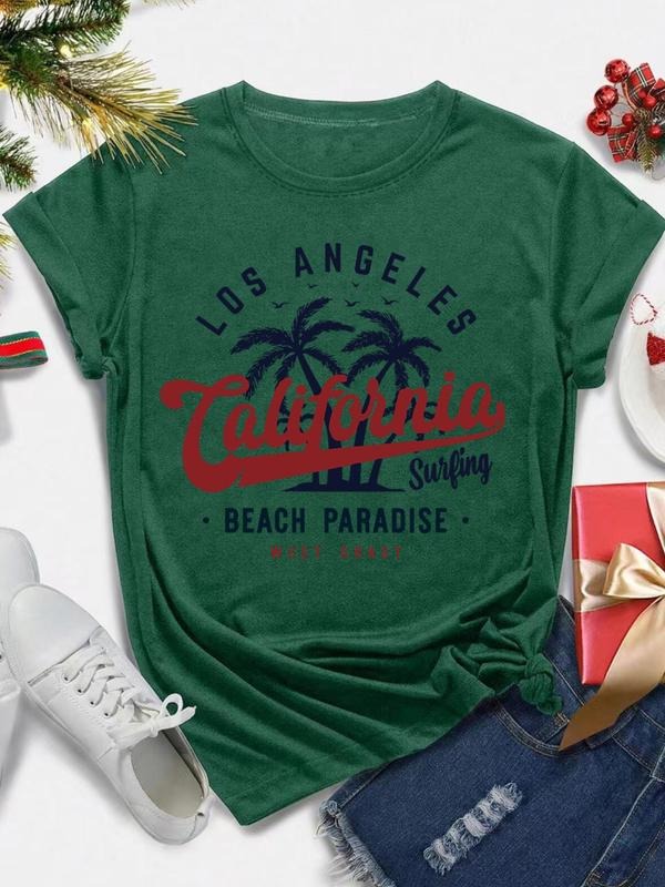 Women's Letter & Palm Tree Print Round Neck Tee, Casual Short Sleeve Crew Neck T-Shirt for All Seasons, Fashion Women's...