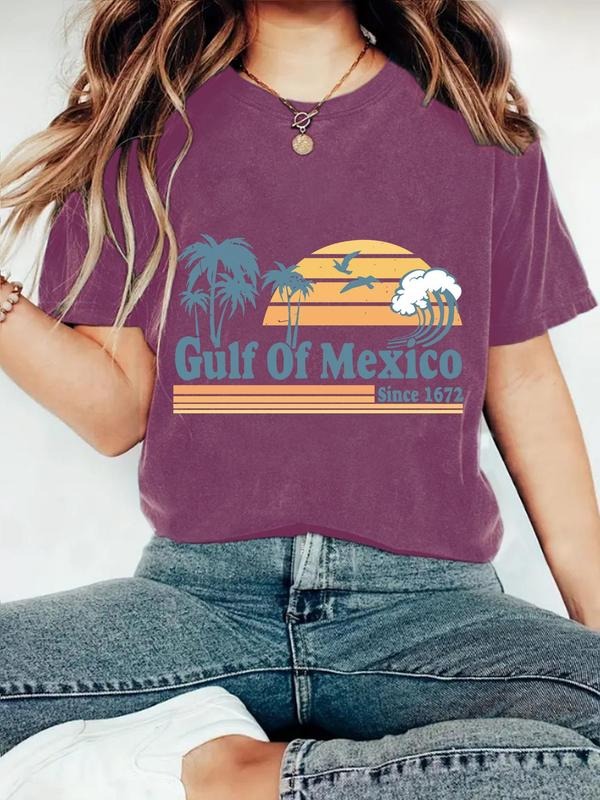 Women's Letter & Palm Tree Print Round Neck Tee, Casual Short Sleeve Crew Neck T-shirt for Summer, Fashion Women's Top...