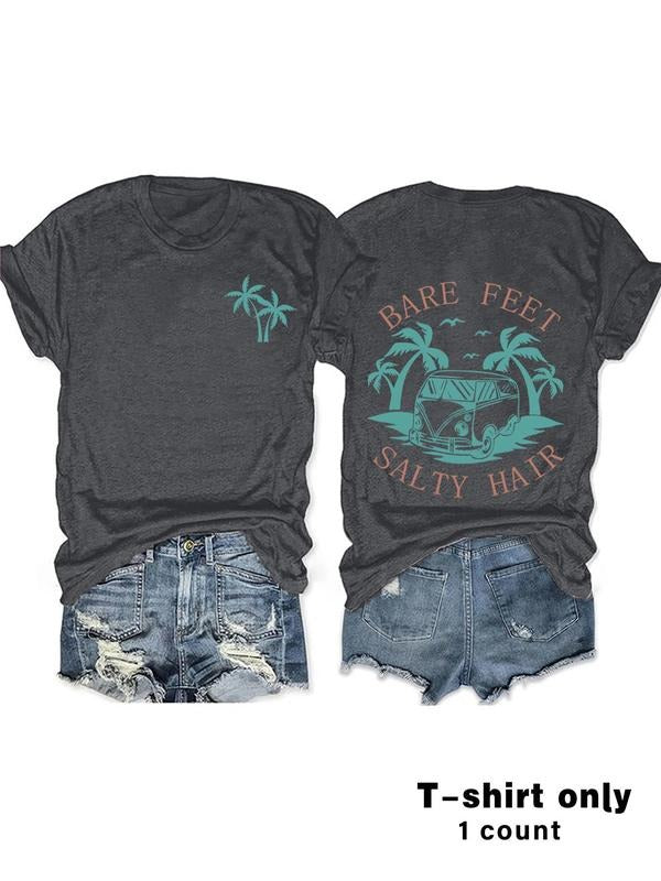 Women's Letter & Palm Tree Print Round Neck Tee, Casual Short Sleeve Crew Neck T-shirt for Summer, Fashion Women's Top...