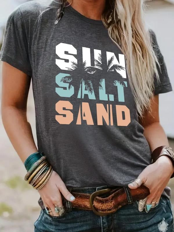 Women's Letter & Palm Tree Print Round Neck Tee, Casual Short Sleeve Crew Neck T-shirt for Summer, Fashion Women's Top...