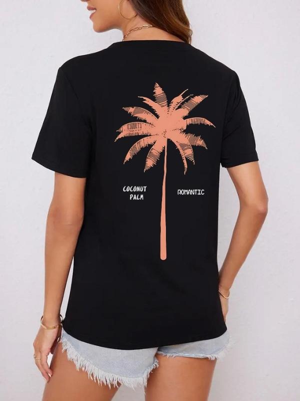 Women's Letter & Palm Tree Print Round Neck Tee, Casual Short Sleeve T-shirt for Daily Wear, Ladies All Seasons Tops...