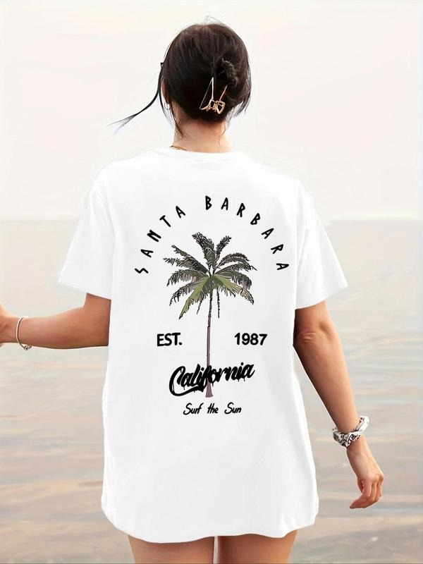 Women's Letter & Palm Tree Print Round Neck Tee, Casual Short Sleeve T-shirt for Daily Wear, Ladies Summer Outfit Hoodie,...