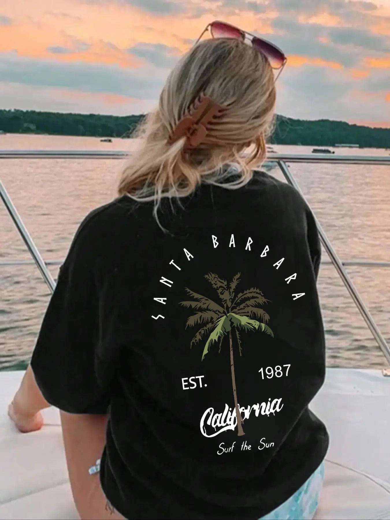 Women's Letter & Palm Tree Print Round Neck Tee, Trendy Casual Drop Shoulder Half Sleeve T-shirt For Daily Wear, Ladies...