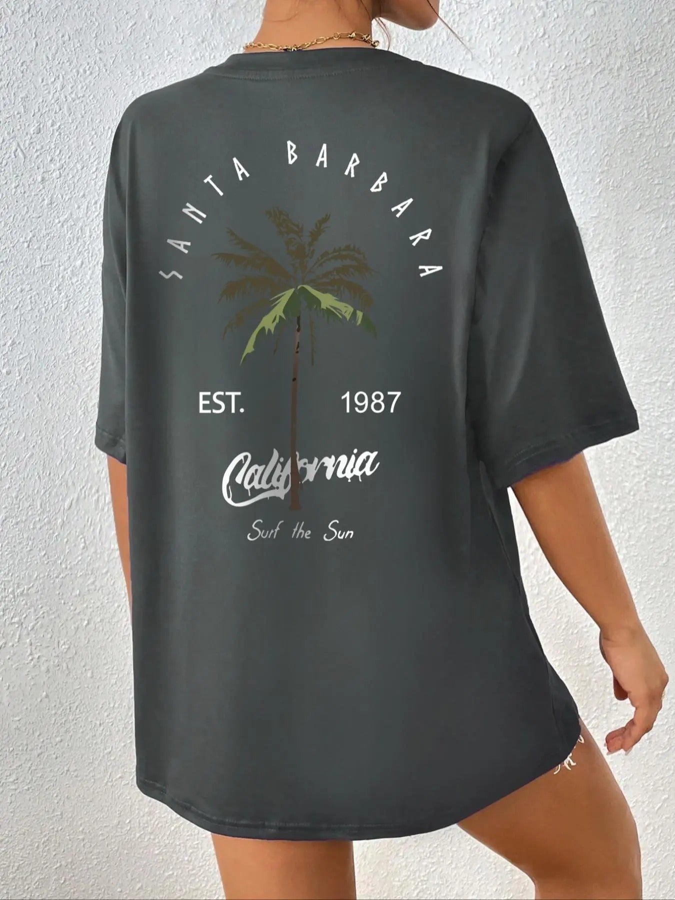 Women's Letter & Palm Tree Print Round Neck Tee, Trendy Casual Drop Shoulder Half Sleeve T-shirt for Daily Wear, Ladies...