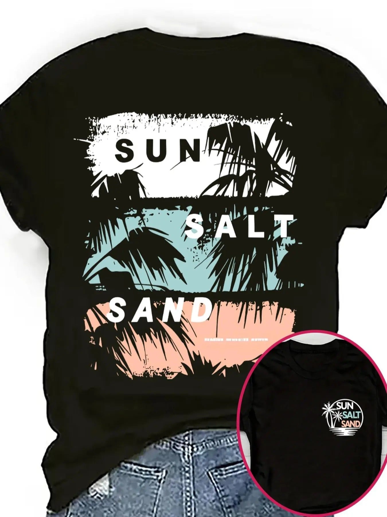 Women's Letter & Palm Tree Print Round Neck Tee, Vintage Trendy Casual Short Sleeve T-shirt for Daily Wear, Ladies All...