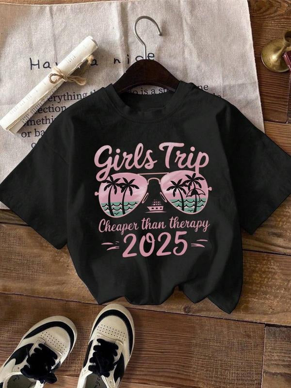 Women's Letter & Palm Tree Print Round Neck Tee, Vintage Trendy Casual Short Sleeve T-shirt for Daily Wear, Ladies Summer...