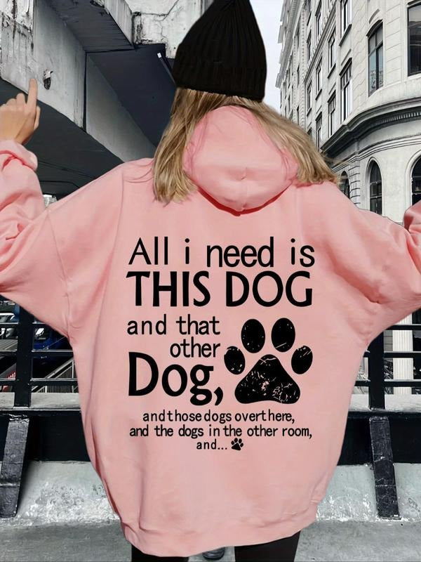 Women's Letter & Paw Print Drop Shoulder Hoodie, Fashion Casual Drawstring Pocket Hooded Sweatshirt for Daily Holiday...