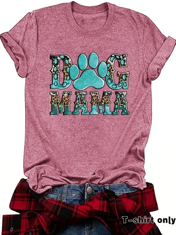 Women's Letter & Paw Print Round Neck Tee, Casual Short Sleeve Crew Neck T-Shirt for Summer, Fashion Women's Top for...