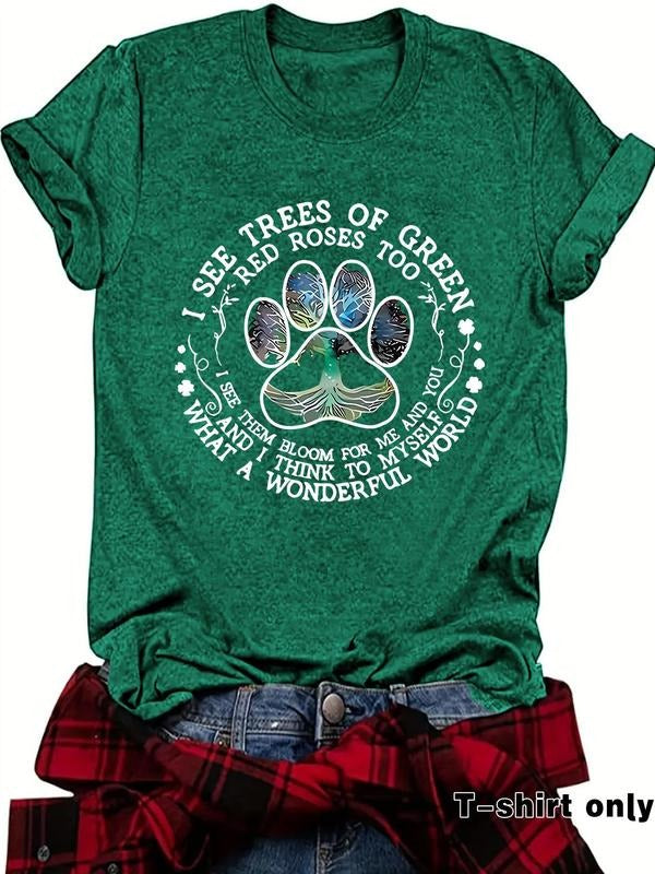 Women's Letter & Paw Print Round Neck Tee, Casual Short Sleeve Crew Neck T-shirt for Summer, Fashion Women's Top for...