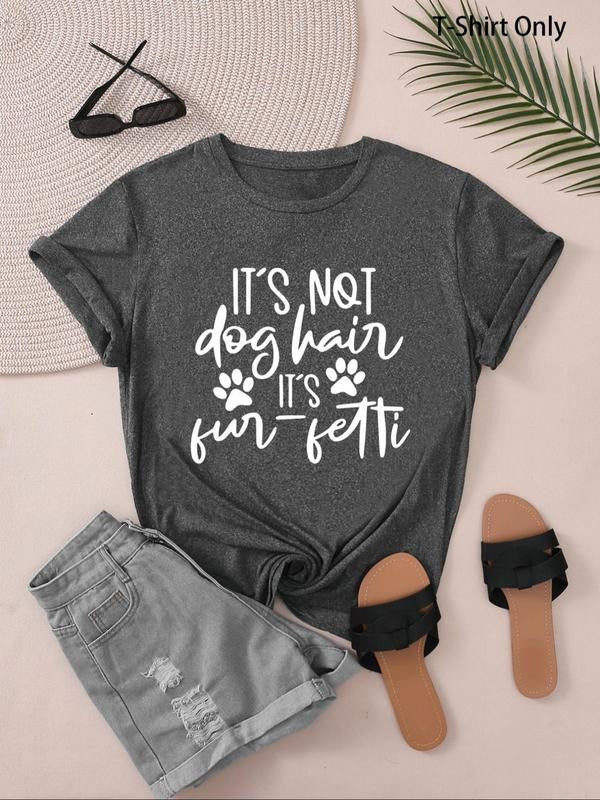 Women's Letter & Paw Print Round Neck Tee, Casual Short Sleeve T-shirt for Daily Wear, Ladies Summer Outfit Hoodie,...