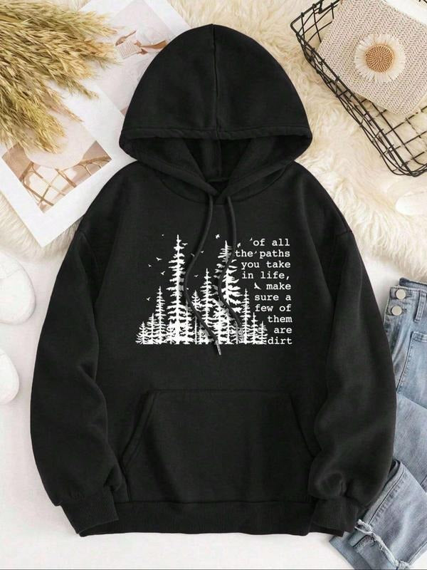 Women's Letter & Pine Tree Print Drawstring Hoodie, Casual Long Sleeve Kangaroo Pocket Hooded Sweatshirt for Daily...