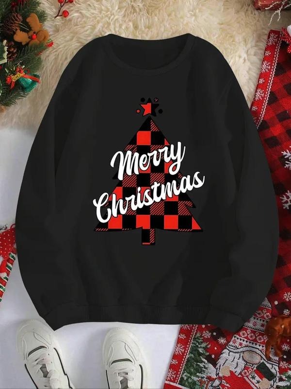 Women's Letter & Plaid Print Crew Neck Sweatshirt, Casual Long Sleeve Pullover for Daily Wear, Ladies Clothes for All...