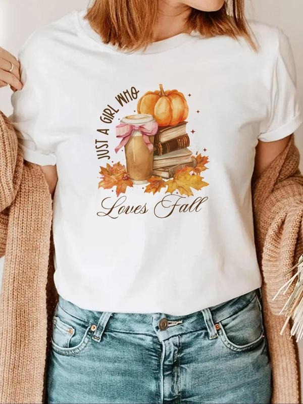 Women's Letter & Pumpkin Print Round Neck Graphic Tee, Vintage Trendy Casual Short Sleeve T-shirt for Daily Wear, Ladies...