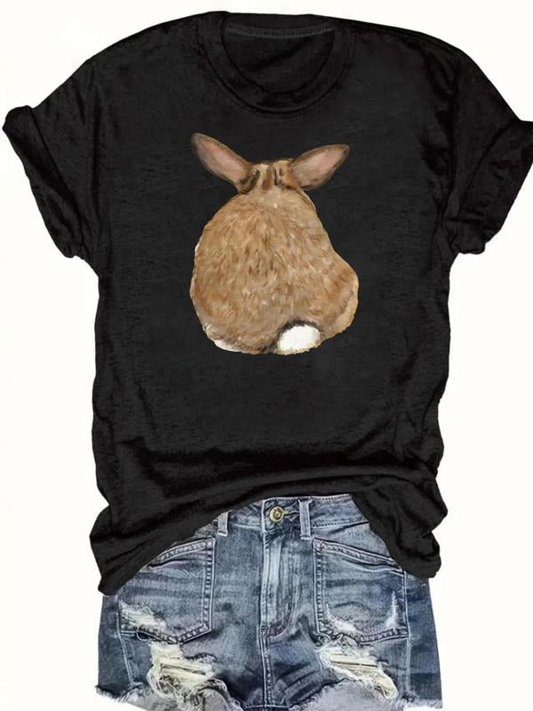 Women's Letter & Rabbit Print Round Neck Tee, Casual Short Sleeve Crew Neck T-shirt for Daily Wear, Ladies Clothes for...