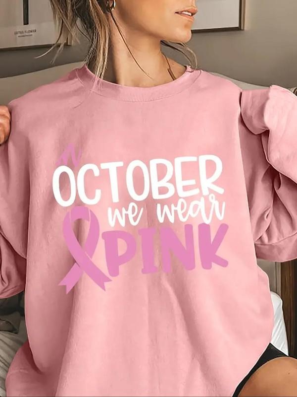 Women's Letter & Ribbon Print Drop Shoulder Sweatshirt, Casual Long Sleeve Round Neck Pullover for Fall & Winter, Women's...