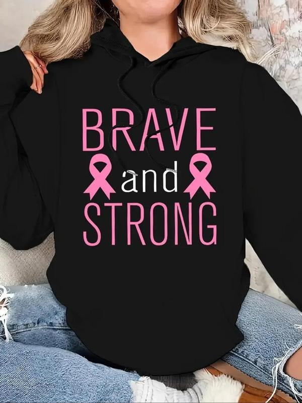 Women's Letter & Ribbon Print Drop Shoulder Thermal Lined Hoodie, Fashion Casual Drawstring Pocket Hooded Sweatshirt for...
