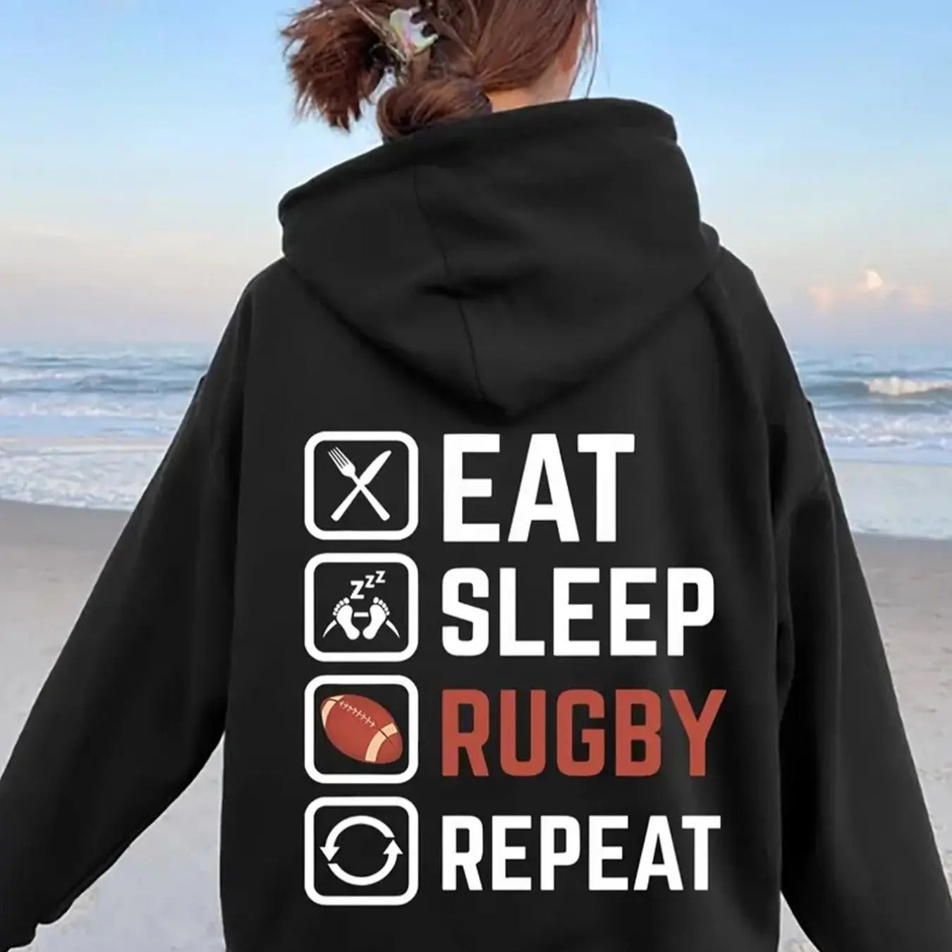 Women's Letter & Rugby Print Drawstring Hoodie, Casual Long Sleeve Hooded Sweatshirt for Fall & Winter, Women's Clothes...