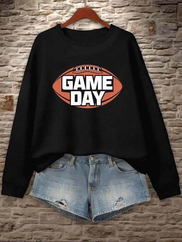 Women's Letter & Rugby Print Drop Shoulder Sweatshirt, 2024 New Style Casual Long Sleeve Round Neck Pullover for Fall &...