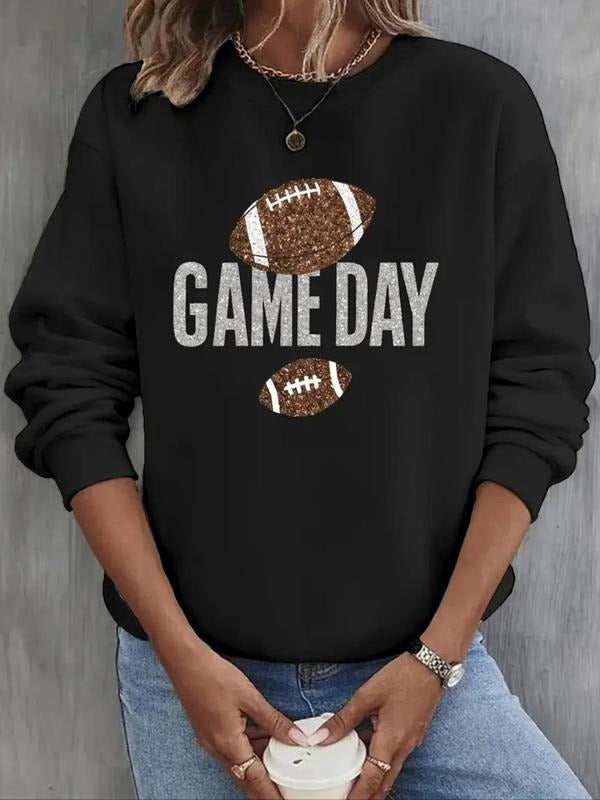 Women's Letter & Rugby Print Round Neck Sweatshirt, Casual Long Sleeve Crew Neck Pullover for Fall & Winter, Women's...
