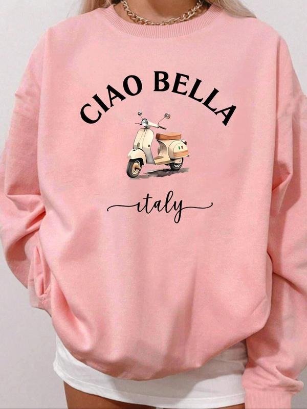 Women's Letter & Scooter Print Drop Shoulder Pullover, Casual Long Sleeve Crew Neck Sweatshirt for Fall & Winter, Fashion...