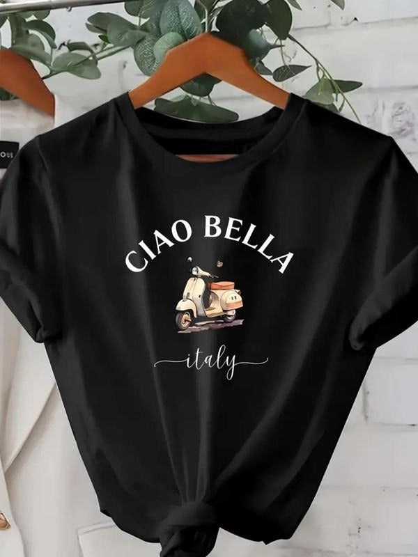 Women's Letter & Scooter Print Round Neck Tee, Casual Short Sleeve Crew Neck T-Shirt for Summer, Fashion Women's Top for...