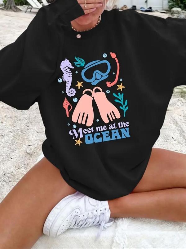 Women's Letter & Sea Life Print Round Neck Sweatshirt, Casual Long Sleeve Crew Neck Pullover for Daily Wear, Ladies...