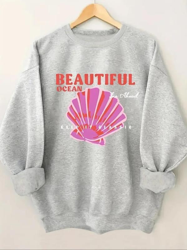 Women's Letter & Shell Print Drop Shoulder Sweatshirt, Casual Long Sleeve Round Neck Pullover for Fall & Winter, Ladies...