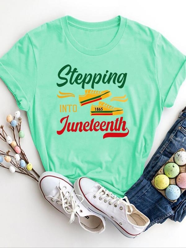 Women's Letter & Shoe Print Round Neck Graphic Tee, Vintage Trendy Casual Short Sleeve T-shirt For Daily Wear, Ladies...