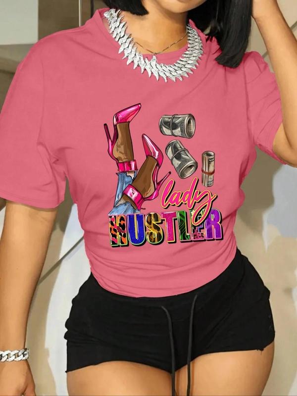 Women's Letter & Shoe Print Round Neck Tee, Fashion Casual Crew Neck T-Shirt for Daily Holiday Vacation Outdoor Wear,...